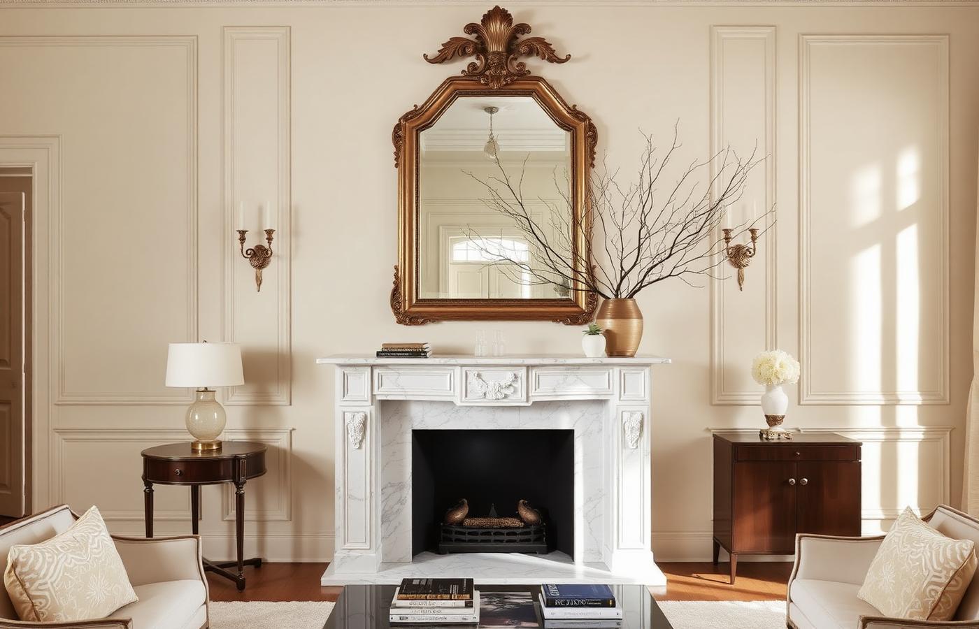 Elegant living room with an antique mirror above a marble fireplace