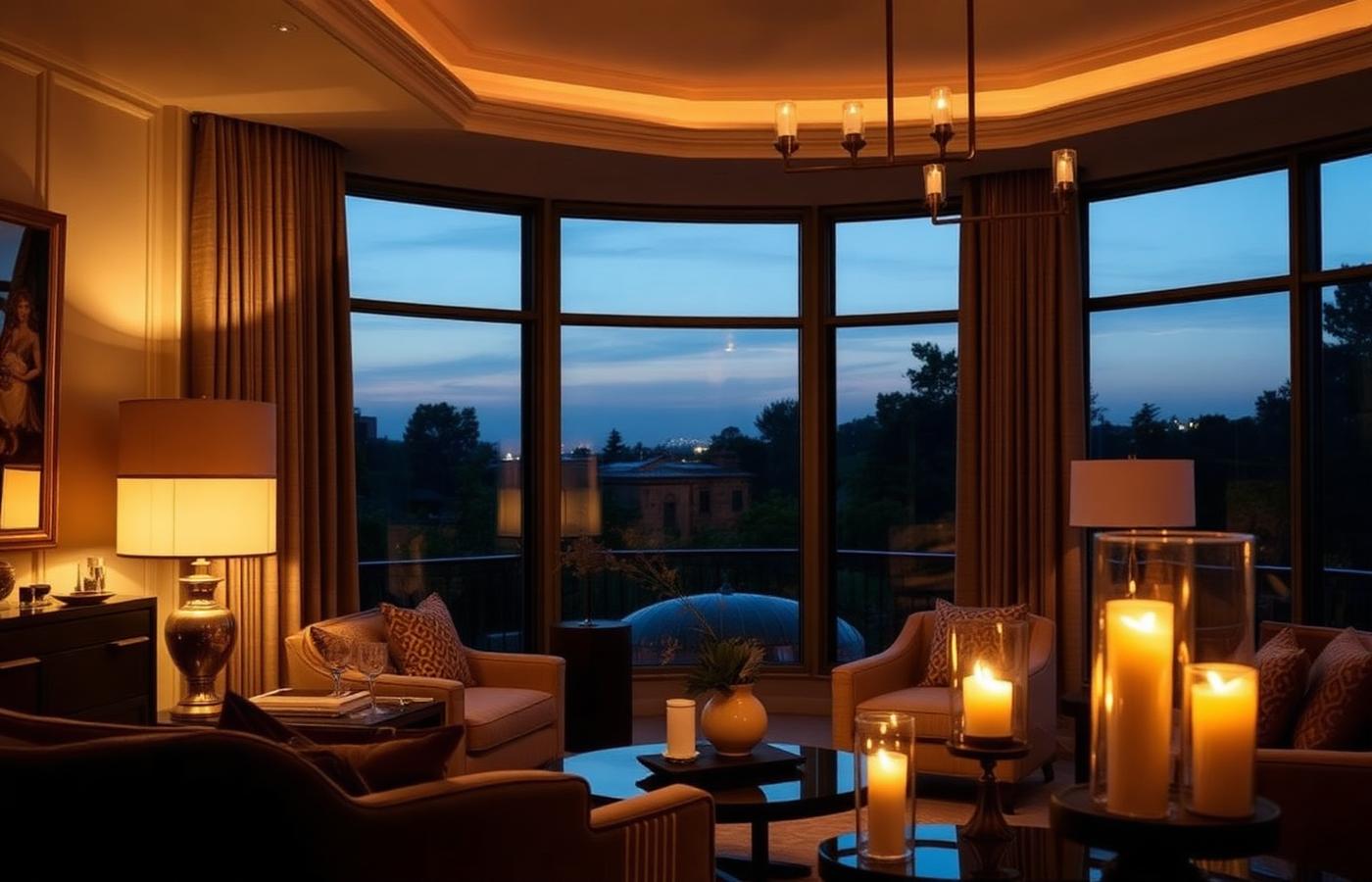Warm layered lighting with candles and lamps in a luxury living room at dusk