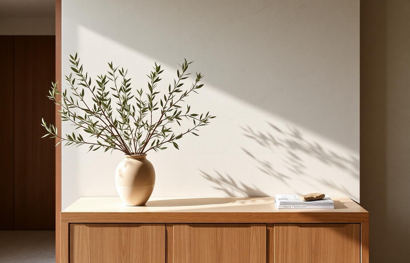 Ceramic vase with olive branches on an oak console in soft daylight