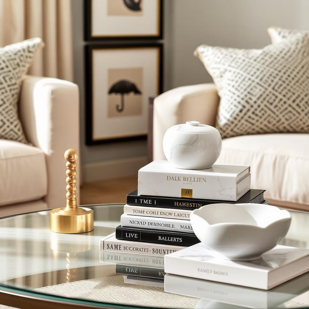Styled coffee table with brass sculpture, marble box and design books