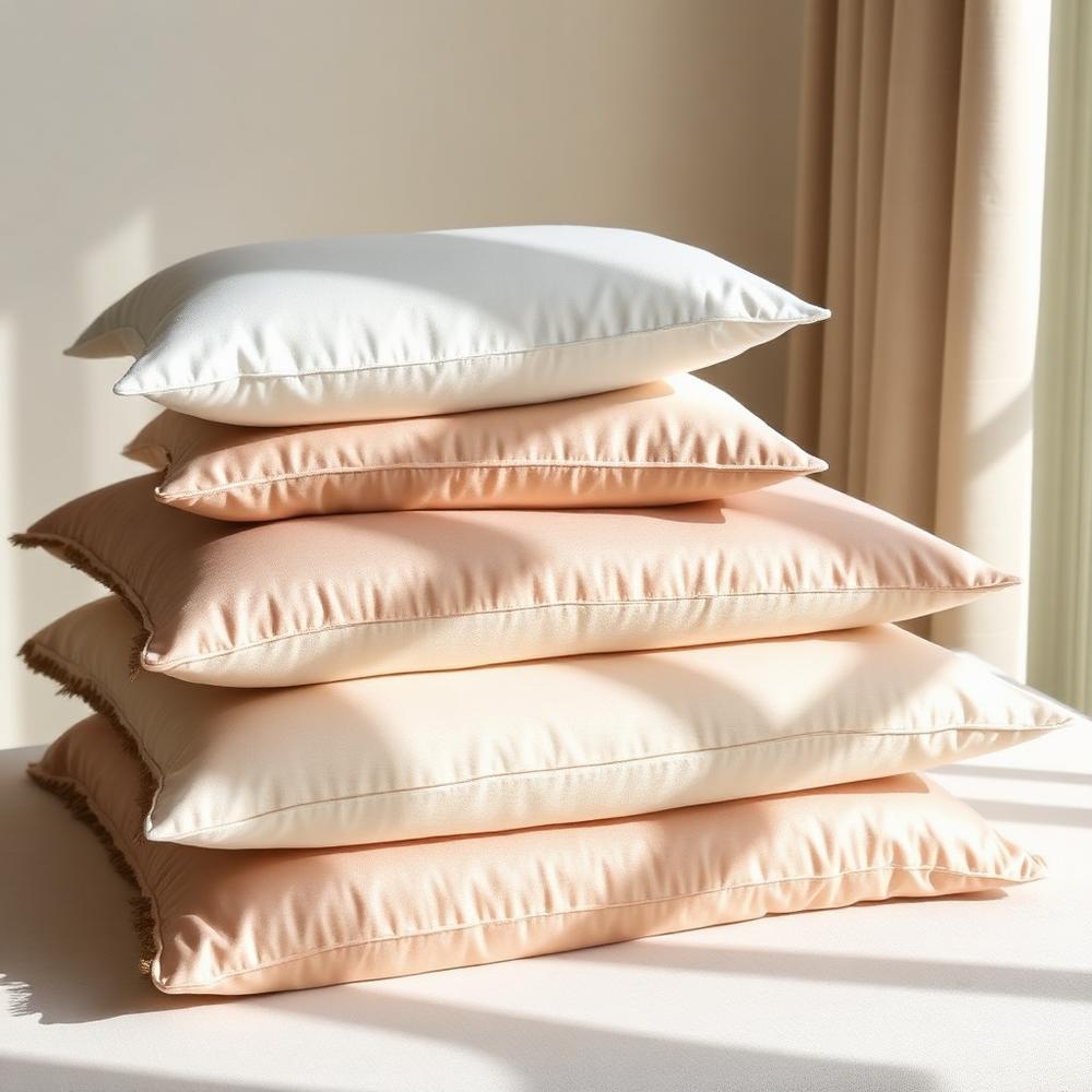 Stack of cream and champagne linen throw pillows