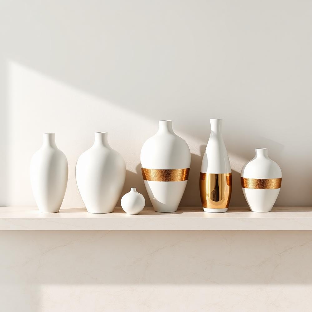 Ceramic vases with brass accents on a travertine shelf