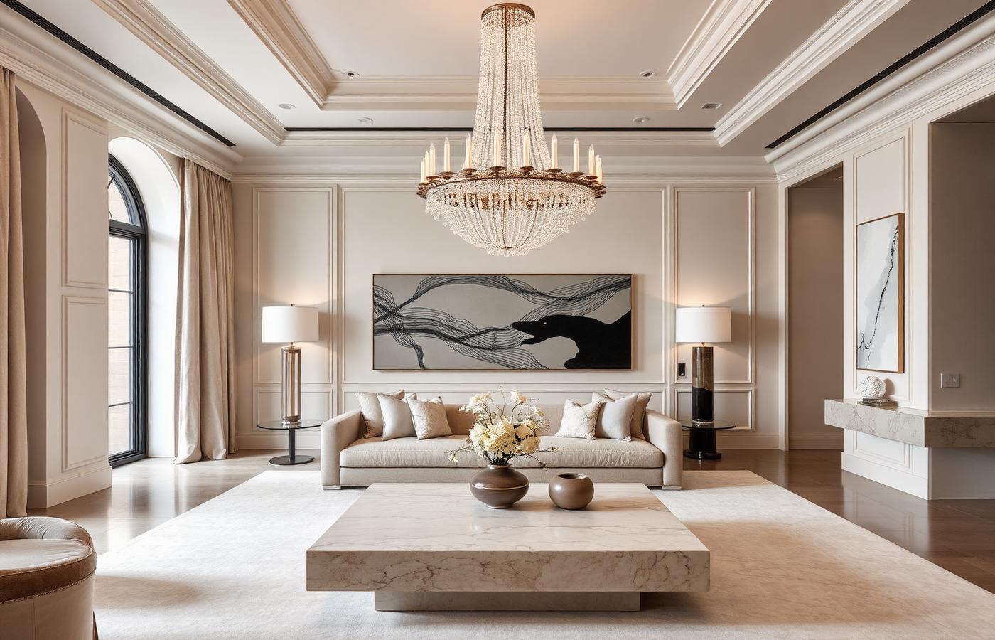 Grand crystal chandelier above a travertine coffee table in a luxury living room